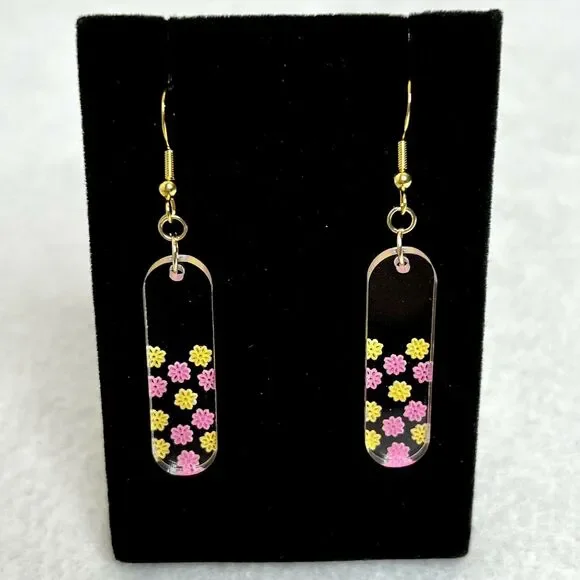 Pink and Yellow Flower Engraved Acrylic Dangle Earrings - Picture 1 of 4